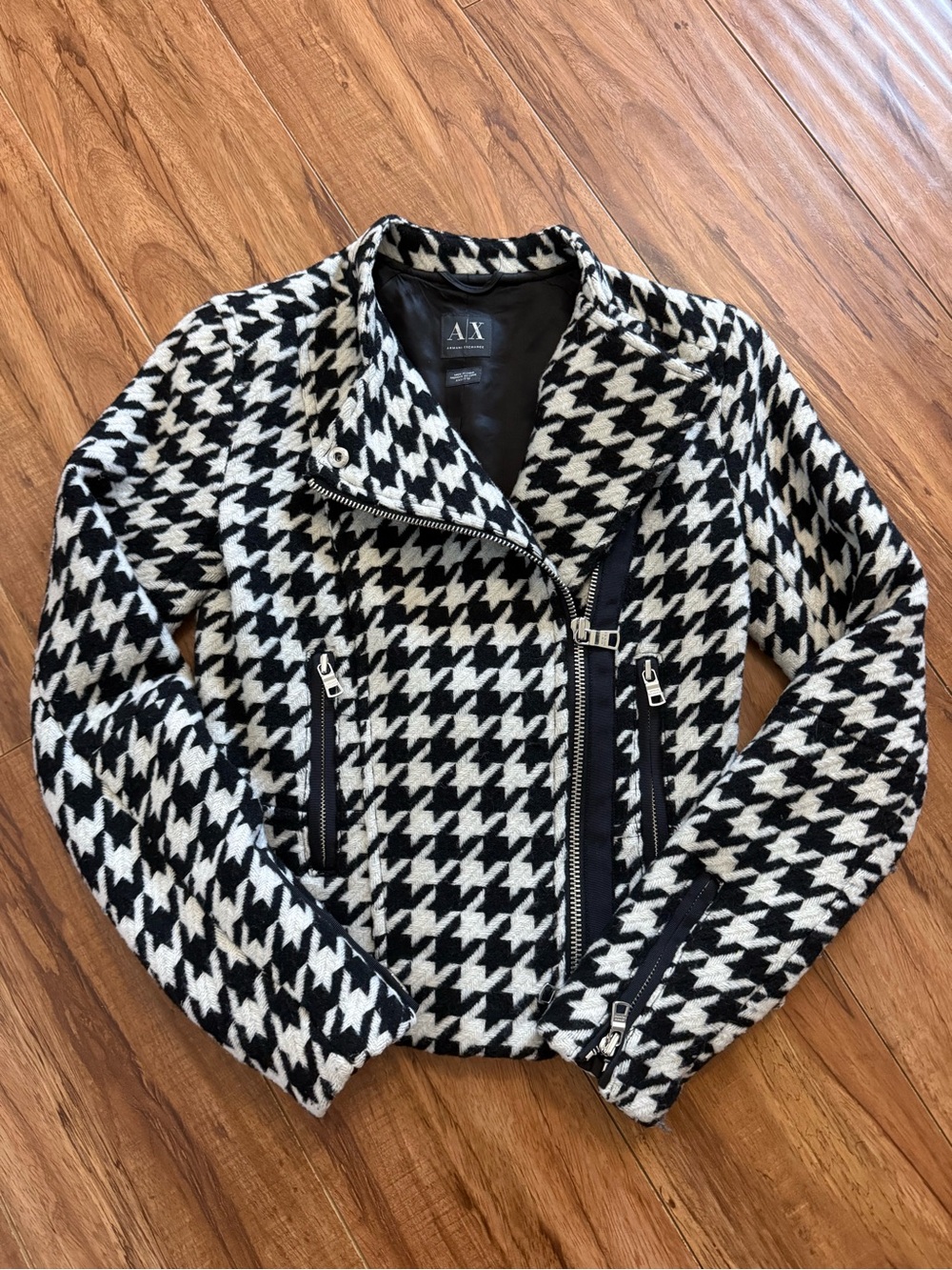 Armani Exchange Black & White Houndstooth Wool Moto Jacket